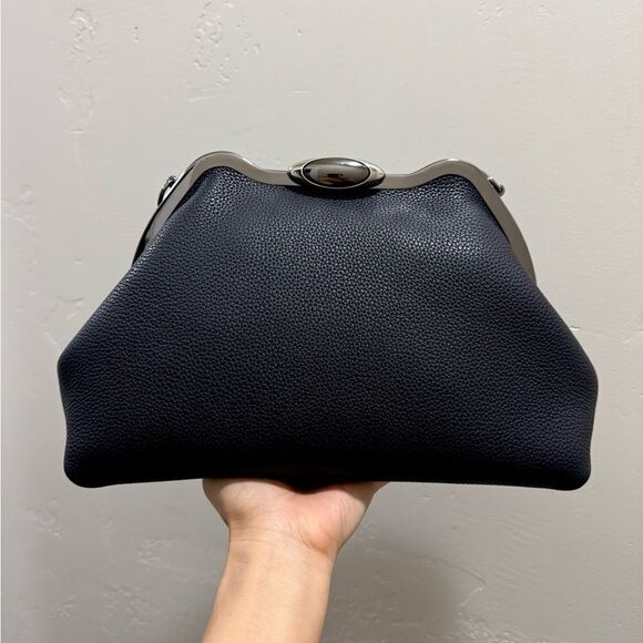 Black Togo Cowhide Leather Handmade Custom Metal Frame Handbag & 2 Strap Styles - Picture 3 of 16